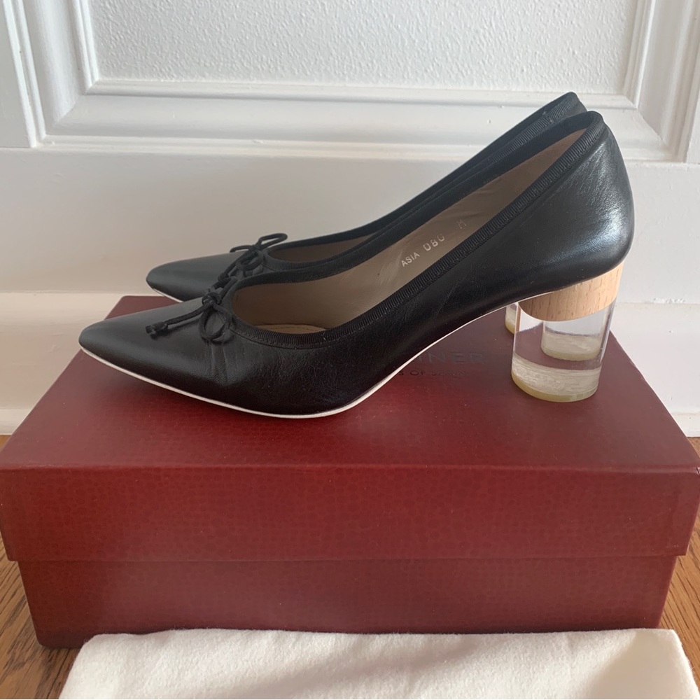 Donald Pliner Asia pointy toe pump with clear heel, black nappa leather, size 38